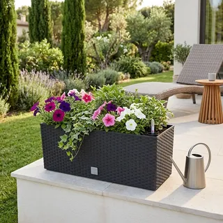 Blumenkasten für Blumen, groß, für den Innen- und Außenbereich, Kunststoff, Rattan-Effekt, für Terrasse, Garten oder Wohnzimmer, UV-beständig, 18,6 x 51,4 x 19,2 cm, Anthrazit