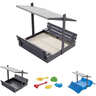 QLS Holz-Sandkasten 120 cm mit Sitzbank und grauem Dach Abdeckung imprägniert 11291 - 122 cm x 118 cm