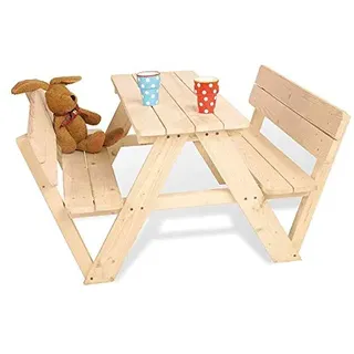 Pinolino Kindersitzgarnitur Nicki für 4 mit Lehne, aus massivem Holz, 2 Bänke mit Rückenlehne, 1 Tisch, empfohlen ab 2 Jahren, Natur