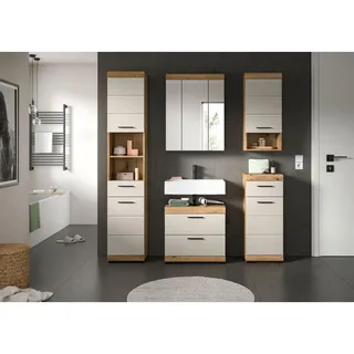 Mid.you Badezimmer , Naturfarben, Kaschmir , Kunststoff , 5-teilig , 11 Fächer , 4 Schublade(n),2 Schublade(n) Schubladen , 134 cm , FSC Mix , stehend , Badezimmer, Badmöbelsets & Badmöbelserien, Badmöbel-Sets