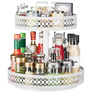Lazy Susan Organizer mit 2 Etagen, Drehteller, Gewürzregal, 30.5 cm, verstellbar, Metall, drehbar, für Schrank, Speisekammer, Küche, Arbeitsplatte, Esstisch, Schrank, Schminkaufbewahrung, Weiß