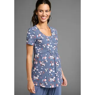 Umstandsshirt NEUN MONATE "Schwangerschafts- und Stillshirt in Wickeloptik", Damen, Gr. 44/46, blau (blau geblümt), Jersey, Obermaterial: 95% Baumwolle, 5% Elasthan, bedruckt, geblümt, V-Ausschnitt, Shirts Umstandsshirt, Wickelshirt für Schwangerschaft und Stillzeit, Topseller