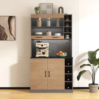 Flieks Küche Hochschränke Küchenbuffet mit LED, Küchenschränke Buffet mit Offenen Staufächern, Buffetschrank Highboard Küche, Naturbelassen - Naturbelassen