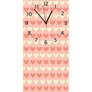 Wallario Design Wanduhr Muster Herzen in beige und rot aus Echtglas, Größe 30 x 60 cm - Weiß