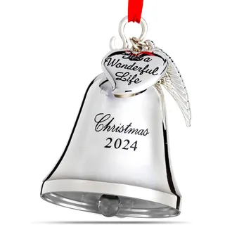 Klikel Weihnachtsglocke Ornament 2024 - It's A Wonderful Life Bell - Silber - Weihnachtsbaumschmuck - Glocke mit Flügelanhänger und Gravur 'Weihnachten 2024' und 'It's A Wonderful Life'