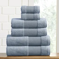 Modern Threads - Air Cloud 6-teiliges Handtuch-Set aus 100% Zero-Twist Baumwolle – Badetücher, Handtücher und Waschlappen – super saugfähig und schnell trocknend – 500 g/m2 – weich und plüschig, blau