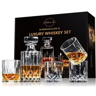 LIGHTEN LIFE 5-teiliges Whisky Karaffe Set, bleifreies Whisky-Dekanter-Set mit 4 Gläsern in Geschenkbox, Kristall-Bourbon-Dekanter-Set, Scotch-Dekanter-Set mit Gläsern, Whisky-Dekanter-Set für Männer