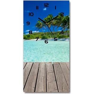 Wanduhr aus Glas – 30x60 cm - Glasbild - Glasuhr - Gehärtetes Glas -Tropischer Strand - Blau