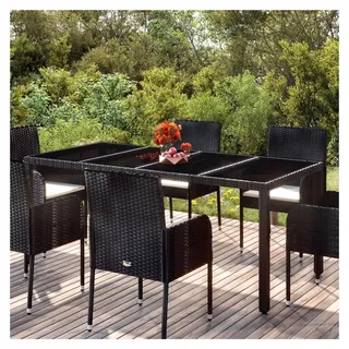 Gartentisch mit Glasplatte, Terrassentisch, Esstisch für den Garten, Balkontisch, Gartenmöbel, Partytisch, Schwarz 190x90x75 cm aus Poly Rattan - Schwarz