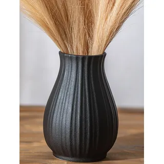 NUPTIO Schwarz Keramik Blumen Vase: 20,5cm Hoch, Gerippte | Matt, Kompakte Form, Moderne Struktur, Boho Deko, Blumenvase für Pampasgras, Fensterbank, Tischregal, Couchtisch, Küche