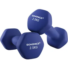 SONGMICS 2er-Set Hanteln, 2 x 2,5 kg rutschfeste Gymnastikhantel mit matter Beschichtung aus Neopren, Krafttraining, zu Hause, Fitnessstudio blau SYL65BU