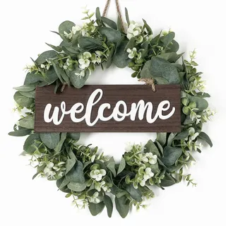 SOMYTING Künstlicher Eukalyptus Kranz 40cm runder Kranz Haustür Türschild Kranz Türkranz mit hölzernen Willkommensschildern Girlande Wandbehang Frühlings Sommer-Kränze für Hochzeit Heimdekoration