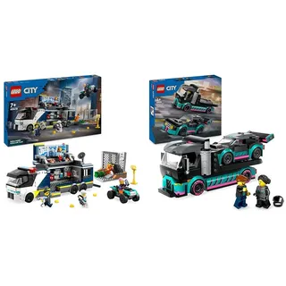 LEGO City Polizeitruck mit Labor, Polizei-Set mit Quad und LKW-Spielzeug & City Autotransporter mit Rennwagen, LKW-Spielzeug mit Verstellbarer Laderampe