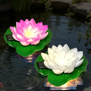 SKIKHN 2 Stück Schwimmende Lotuslichter,Seerose Lotusblüte,LED Solarbetriebene Lotus Laterne,IP65 Wasserdichte Solar Schwimmende Blumen für Garten Hof,Schwimmbad,Brunnen und Aquarien (Lila,Weiß)