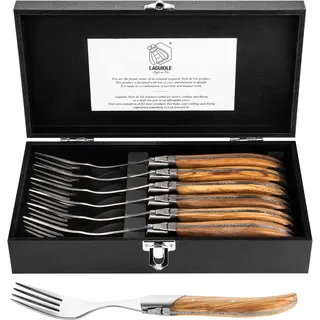 Laguiole Style de Vie Gabeln Luxury Line, 6-teilig, Olivenholz | 6 elegante Tischgabeln aus Edelstahl mit Olivenholzgriffen; stilvolles Laguiole-Besteck für Dinner und besondere Anlässe