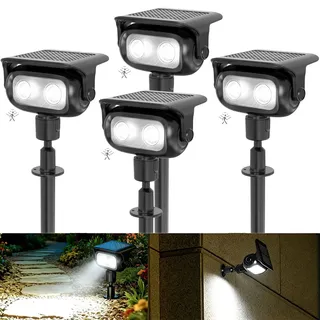 CREATESTAR Solarlampen für Außen mit Bewegungsmelder 4 Stück, 6500K Kaltweiß Solarstrahler für Außen mit 4 Modi, Erdspieß & Wandmontage,IP65 Wasserdicht Solar Gartenstrahler für Bäume, Hof, Gehweg
