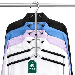 ZriEy Kleiderbügel mit 6 Ebenen, Zusammenklappbar, rutschfest Kleiderständer Platzsparend Schwarz Metall Erwachsene Hangers Schrank Organizer für Männer und Frauen, Kleideraufbewahrung & Organisation