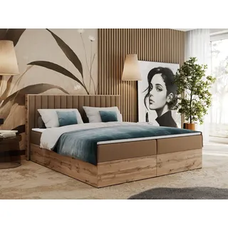 Boxspringbett, Zwei Bettkästen, Komplett-Set mit Matratze und Topper - Albero-4 - 140x200cm - Braun Kunstleder - H3 - Braun