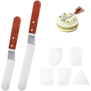 Hauojaus 2 Stück Tortenmesser Winkelpalette Edelstahl Set, Tortenspachtel mit Holzgriff Und 5 Teigschaber, 6 inch/8 inch (15.24 cm/20.32 cm) für Kuchen Dekorieren, Backen und Glattstreichen​(Braun)