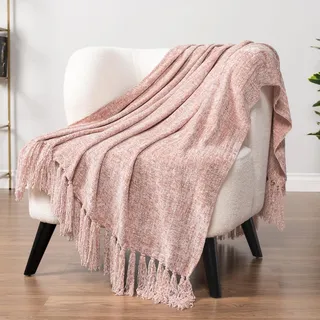 PAVILIA Chenille-Überwurfdecke für Couch, weiche Hellrosa Strickdecke mit Quasten-Fransen, gewebte Chenille-Strickdecke, dekorative Decke für Sofa, Bett, Wohnzimmer, Dekoration, Geschenk, 50 x 60 cm