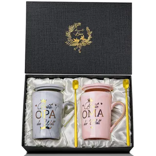 Geschenkset Oma und Opa Geschenke für Großeltern, 400ml Beste Oma Opa der Welt Tasse, Ihr Werdet Oma und Opa, Geschenk zum Geburtstag Ostern Jahrestag Hochzeitstag Muttertag Vatertag, Rosa und Grau