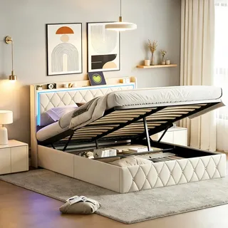 INONEFT Polsterbett 160 x 200 cm, Hydraulikbett mit LED und Stauraum, Doppelbett mit Lattenrost, Funktionsbett mit USB, Jugendbett, Samt, Beige - Beige