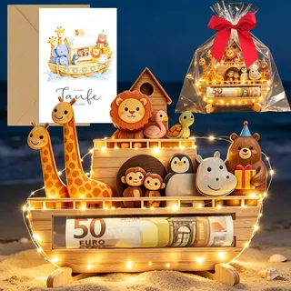 Taufgeschenk Zur Taufe Aus Holz Mit Arche-Noah-Motiv Für Junge Mädchen | Geldgeschenk Mit LED Lichterkette, Grußkarte, Umschlag, Taufandenken Dekoration