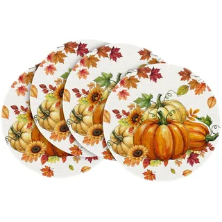 Artoid Mode Kürbisse Ahornblätter Herbst Runde Platzsets 37cm 4er Set | Sonnenblumen Urlaub Tischsets Hause Platzdeckchen Küche Party Deko