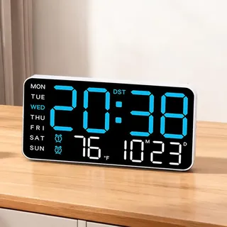 Nzkeuf LED Digitale Wanduhr, Digitaluhr mit Alarm, Temperatur, Datum, Woche, Sprachsteuerung, Sommerzeit, Helligkeitseinstellung, 21.5x2.7x11cm Wanduhr Digital für Zuhause, Schlafzimmer, Büro