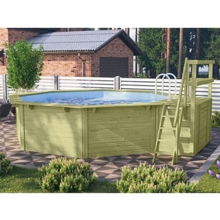 Karibu Pool Modell 2 Set inkl. Filteranlage Skimmer mit Terrasse mit Metallecken Ausführung Wände: kesseldruckimprägniert / Poolfolie: blau Sparset Sandfilteranlage & inkl. gratis Pool-Pflegeset (Gesamtwert 69 €)