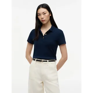 Poloshirt TOMMY HILFIGER "GOLD BUTTON SLIM SS POLO", Damen, Gr. XS (34), blau (schwarz night navy), Single Jersey, Obermaterial: 100% Baumwolle, unifarben, slim fit, Shirts Poloshirt
