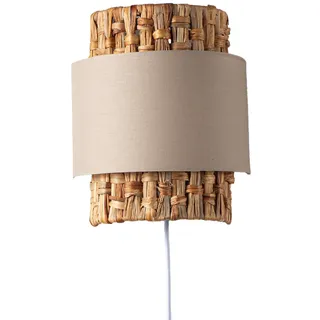 Wandleuchte mit Rattan- und beigefarbenem Textilschirm, mit Kabel, Stecker und Schalter – Natürlicher Boho-Stil, E27-Fassung „VÉLA“