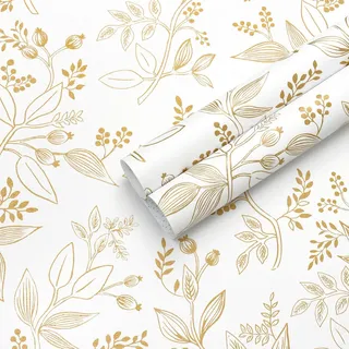 Fiula Selbstklebende Tapete Klebefolie Möbel Blätter 44CM×3M Möbelfolie Selbstklebend Blumentapete Weiß Gold Vintage Tapeten Dekorfolie Vinyl Wohnzimmer Wasserdicht Wallpaper