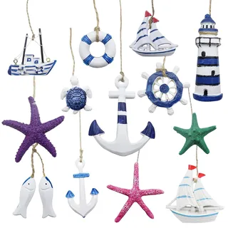 13 Stücke Maritime Anhänger Nautische Deko Maritimes Dekorationsset zum Aufhängen Anker Seestern Rettungsring Fisch Leuchtturm Steuerrad für Mini-Fischernetz Wanddekorationen Im Strand Küstenmotiv