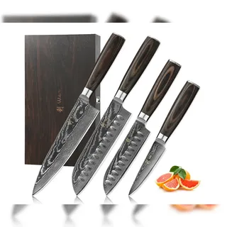 Wakoli EDIB Essentials 4er Damastmesser-Set - 20cm, 18cm, 12cm & 10cm Klingen aus 67 Lagen Damaststahl, Chef-, Santoku-, Kleines Santoku- und Officeme