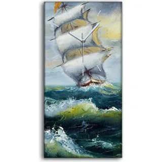 Küchenuhr Bürouhr Leinwand Uhr 30x60 Wellen Meereslandschaft Schiff Ozean - weiße Hände - Blau