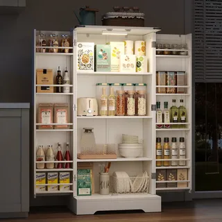 Flieks Hochschrank mit LED 60x35x128.5 cm, Küchenbuffet Speiseschrank im Landhausstil, Küchenschrank Sideboard mit Verstellbaren Ablagen, weiß - Weiß