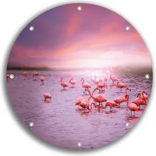 Wallario rundes Outdoor-Poster für Garten oder Balkon, Motiv Rosa Flamingos bei Sonnenuntergang, 30 cm Durchmesser - Rosa
