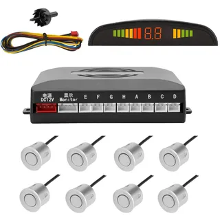 Tkoofn KFZ Summer Einparkhilfe Rückfahrhilfe 8 hinten Sensoren Hinter mit LED Farb Display Auto Parken Sensor System Pieper Radar Kit Hinter - Silber