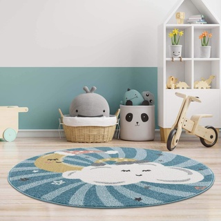 carpet city Kinderteppich Kinderzimmer Blau - 160 cm Rund - Mond Wolken Sterne - Kinderzimmerteppiche Mädchen Jungen - Babyzimmer-Teppich - Spielteppich