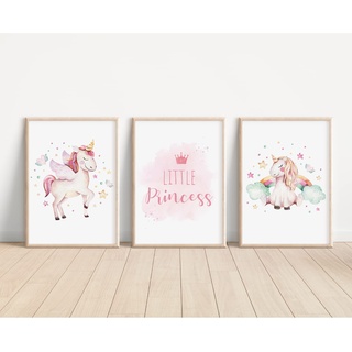 MeinBaby123® Einhorn Bilder Kinderzimmer | 3er Set DIN A4 | Einhorn Deko | Kinderzimmer Poster Set | Einhorn Geschenke für Mädchen | Kinderzimmer Deko Mädchen | Baby Geschenk (Einhorn V2)