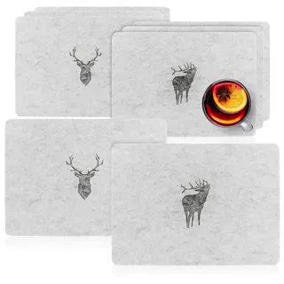 com-four® 8-teiliges Platzset Hirsch - Moderne Filz-Platzmatte im Vintage Design - Premium Tischset aus Filz - abwischbare Geschirr-Unterlagen (Platzmatte 8 Stück - Hirsch - grau)