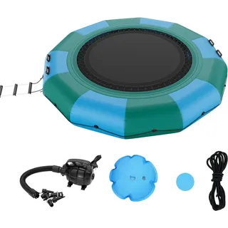 Vevor Aufblasbarer Wassertrampolin mit Leiter, Wasserdichte, Abriebfeste, Wassertrampoline 3,66 m Großen Sprungfläche, Sprungplattform-Wasserpark Pool Trampolin, Blau + Grün 226 kg Tragfähigkeit