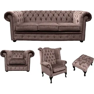 Sofagarnitur Chesterfield Polster Couch Sofa Leder Sitz Garnitur Ohrensessel 416 - Braun