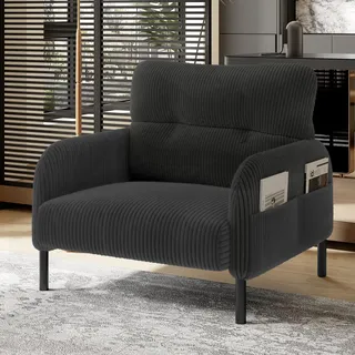 MODFU Relaxsessel Posterstuhl mit praktische Seitentasche,Loungesessel Einsitzer mit Armlehnen,Polstersessel aus Cord,Grau - Grau
