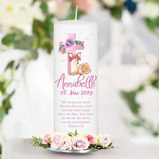 Taufkerze für Paten niedliches Rehkitz mit Schmetterlingen - Patenkerze Mädchen – Kerze weiß 18 x 7 cm mit Name und Datum