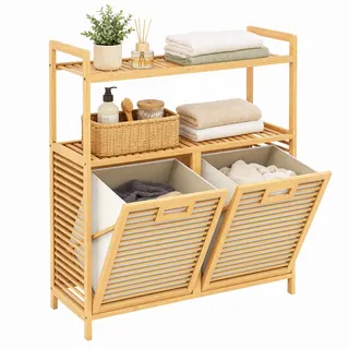 LIFEZEAL Wäschekorb 2 Fächer, Bambus Wäschesammler mit 2 Regalen | Wäscheregal mit abnehmbaren Beuteln, Wäscheschrank mit Griffen, Laundry Baskets für Wäscherei, Bad, 80 x 30 x 92 cm