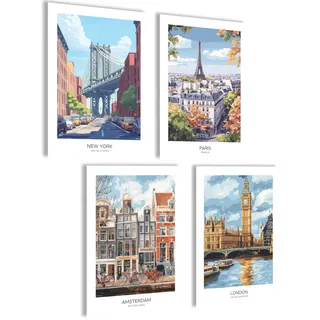 mojoliving Bilder Set London Amsterdam Paris New York Poster England Wandbilder USA Aesthetic Poster Retro Wanddeko Wohnzimmer Bilder Badezimmer Holland Frankreich