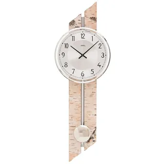 AMS 7470 Wanduhr Quarz mit Pendel Pendeluhr Holz Birke-Optik - Silber, Weiß