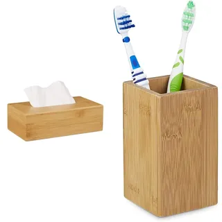 Relaxdays Kosmetiktücherbox Bambus, HBT: 8,5 x 27,5 x 15,5 cm, Tuchspender für Taschentücher u. Kosmetiktücher, Natur & Natur Zahnputzbecher, eckig, HBT 11 x 6,5 x 6,5 cm, 11 x 6.5 x 6.5 cm